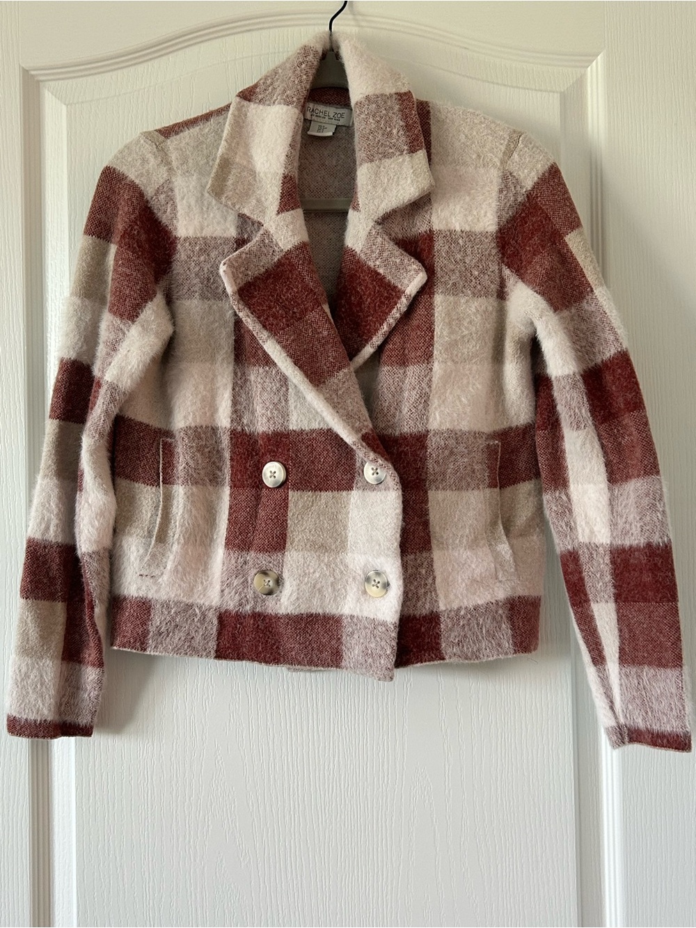 Rachel Zoe Red and Cream Plaid Double-Breasted Wool Jacket